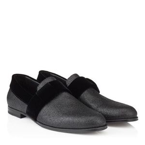 Jimmy Choo John Black Fine Glitter Formal Slippers Black Velvet Ribbon 45